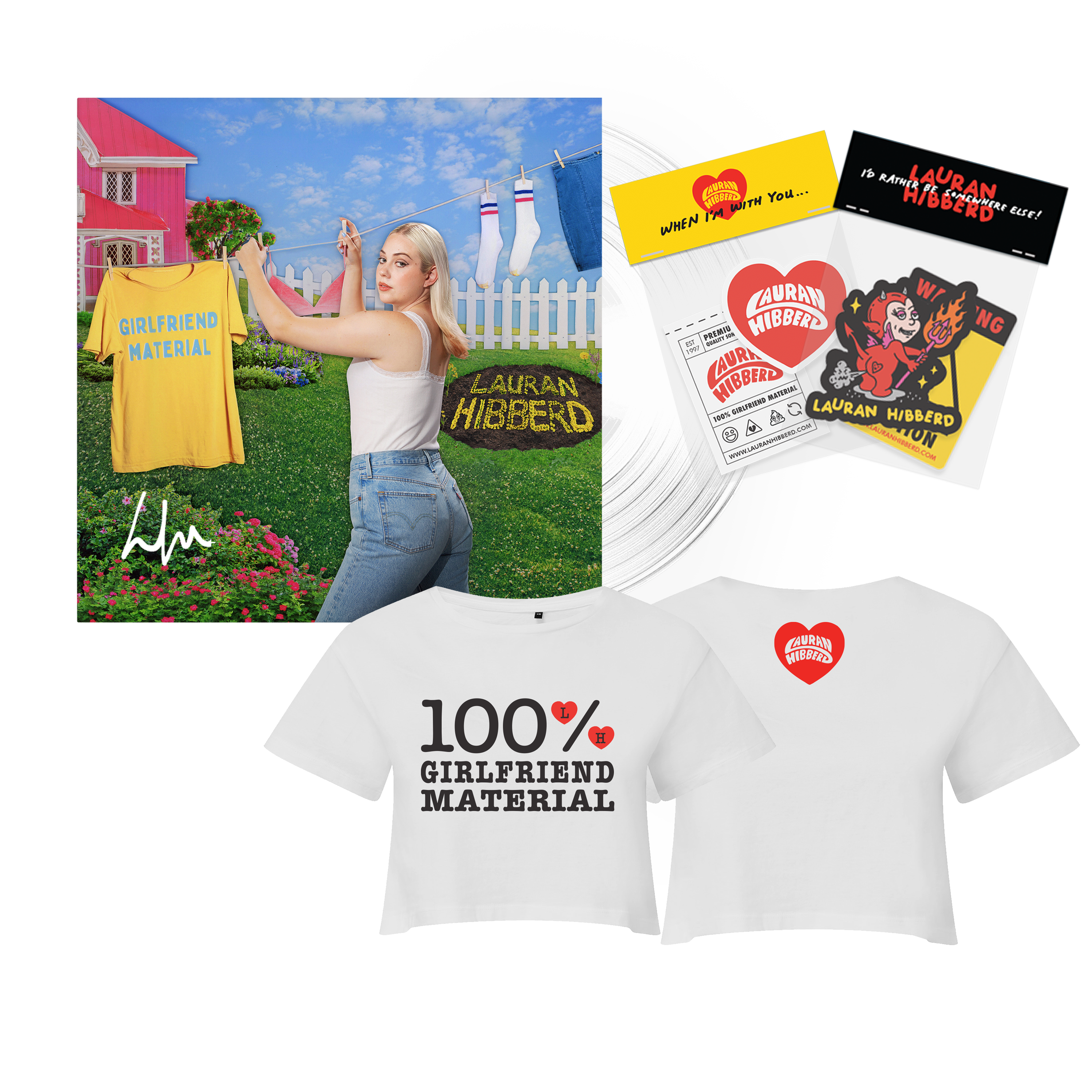 girlfriend material: Girlfriend Material Baby Tee, Sticker Pack + Signed Clear LP